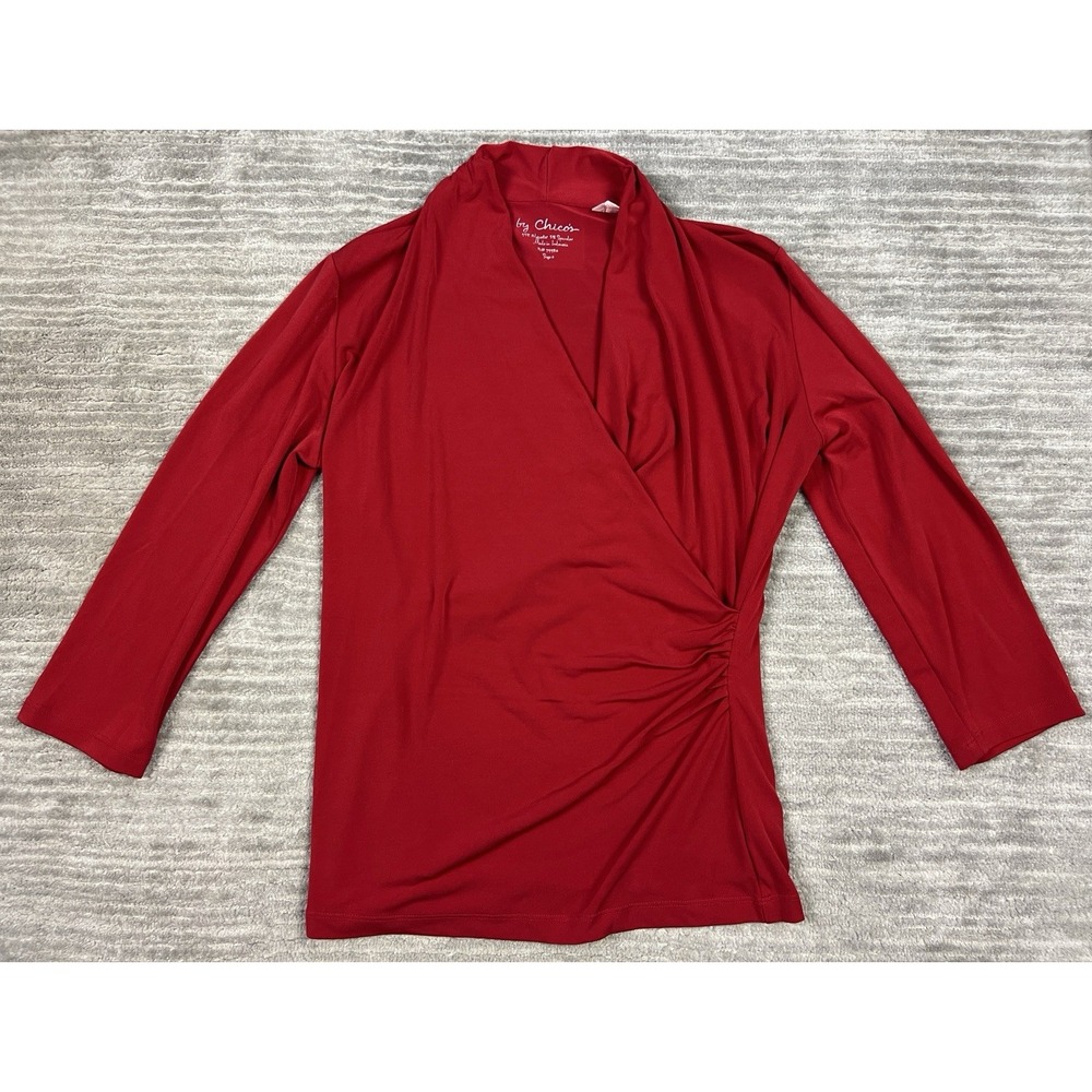 by Chicos Top Womens Small Red 3/4 Sleeve Polyester Blend V-Neck